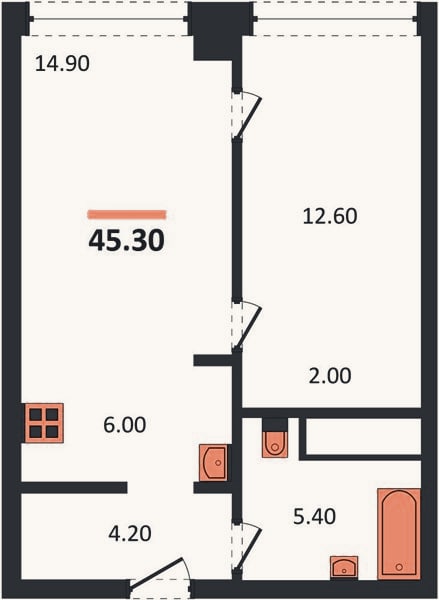 Планировка: 1-к, 45,3 м²