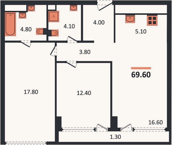 Планировка: 2-к, 69,6 м²