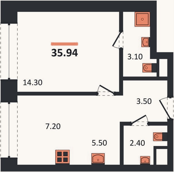 Планировка: 1-к, 35,9 м²