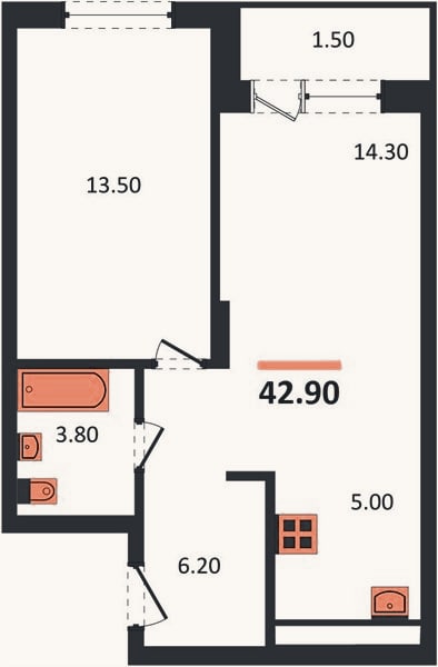 Планировка: 1-к, 42,9 м²
