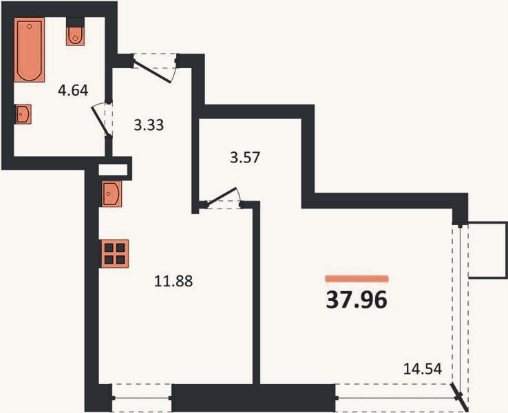 Планировка: 1-к, 38 м²