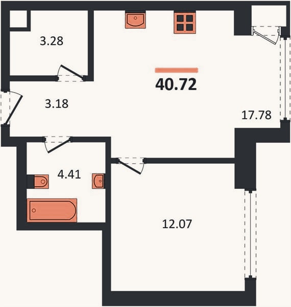 Планировка: 1-к, 40,7 м²