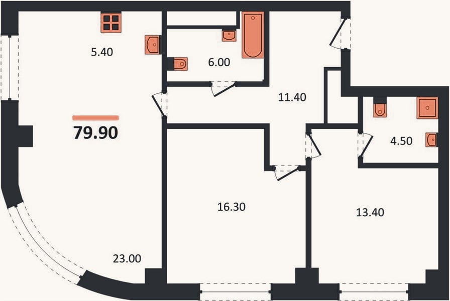 Планировка: 2-к, 79,9 м²