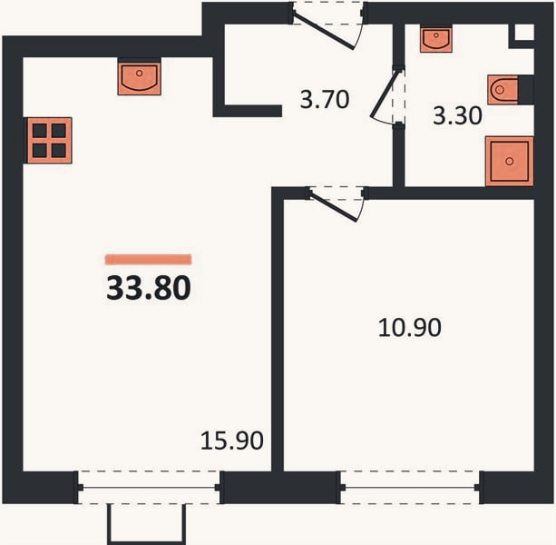 Планировка: 1-к, 33,8 м²