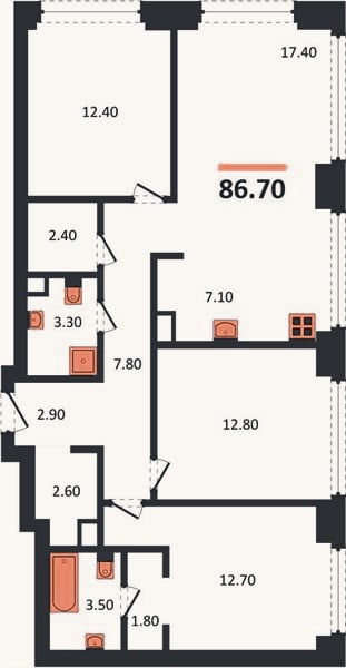 Планировка: 3-к, 86,7 м²