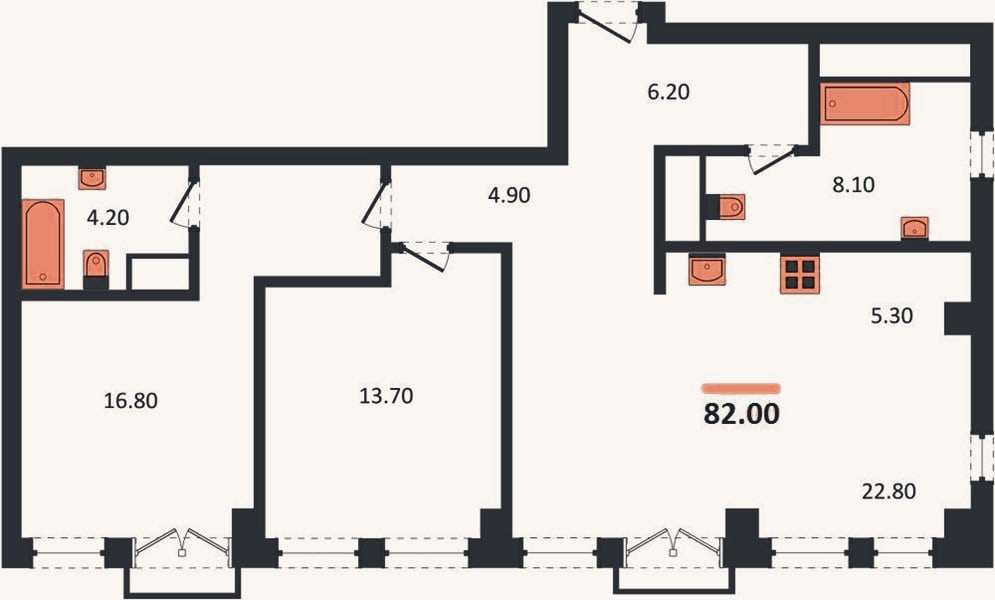Планировка: 2-к, 82 м²