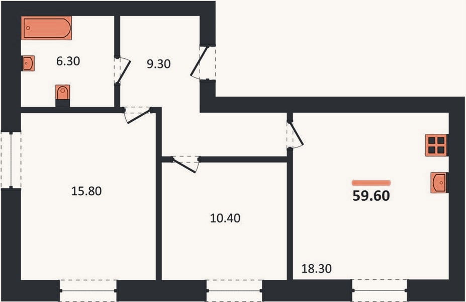 Планировка: 2-к, 59,6 м²