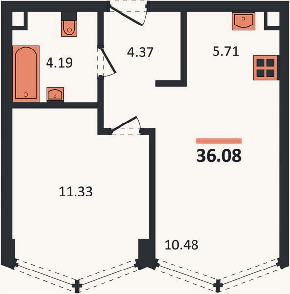 Планировка: 1-к, 36,1 м²