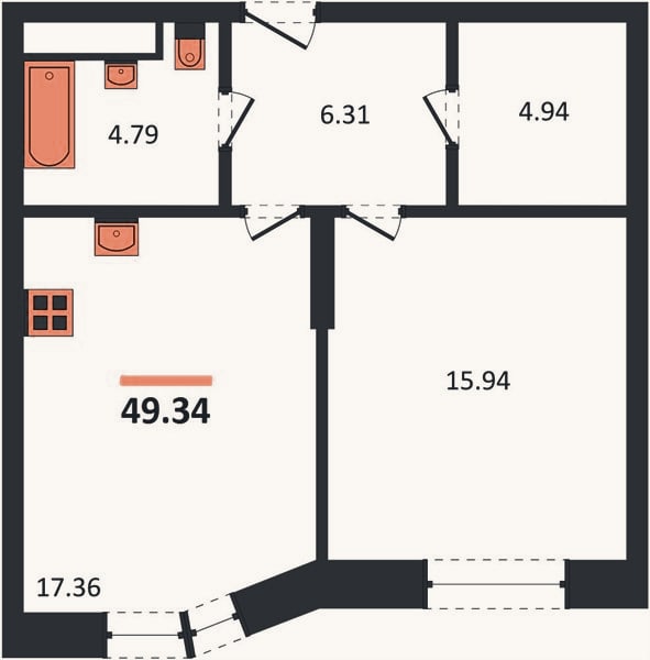 Планировка: 1-к, 49,3 м²