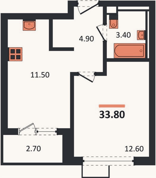 Планировка: 1-к, 33,8 м²