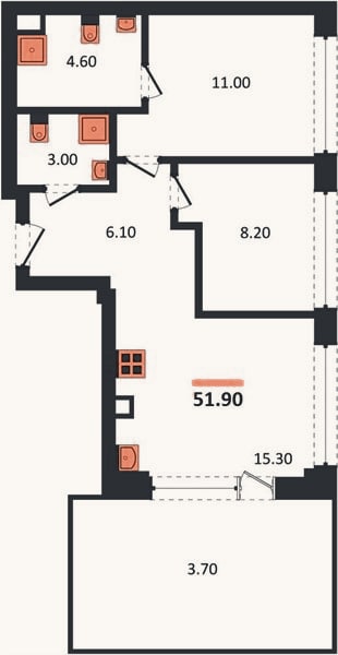 Планировка: 2-к, 51,9 м²