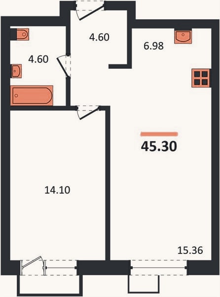 Планировка: 1-к, 45,3 м²