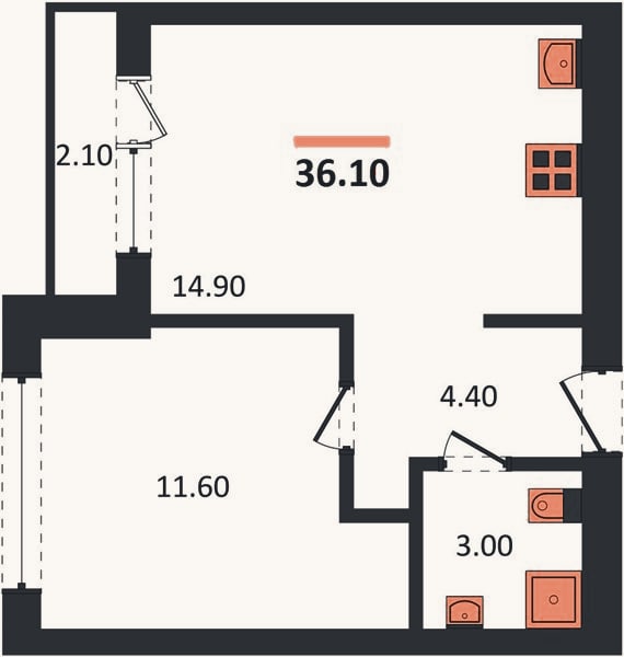 Планировка: 1-к, 36,1 м²