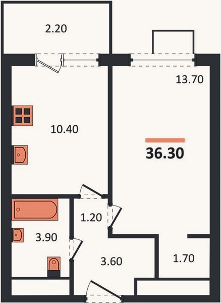 Планировка: 1-к, 36,3 м²