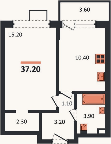 Планировка: 1-к, 37,2 м²