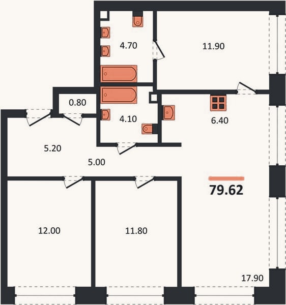 Планировка: 3-к, 79,6 м²