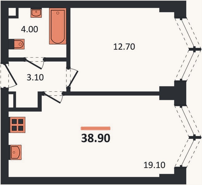 Планировка: 1-к, 38,9 м²