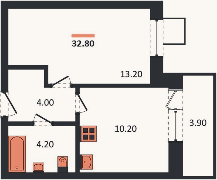Планировка: 1-к, 32,8 м²