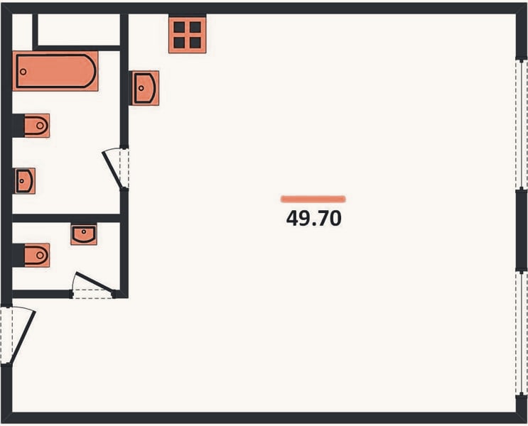 Планировка: 1-к, 49,7 м²