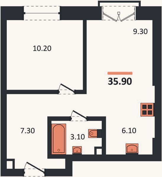 Планировка: 1-к, 35,9 м²