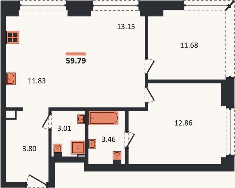 Планировка: 2-к, 59,8 м²