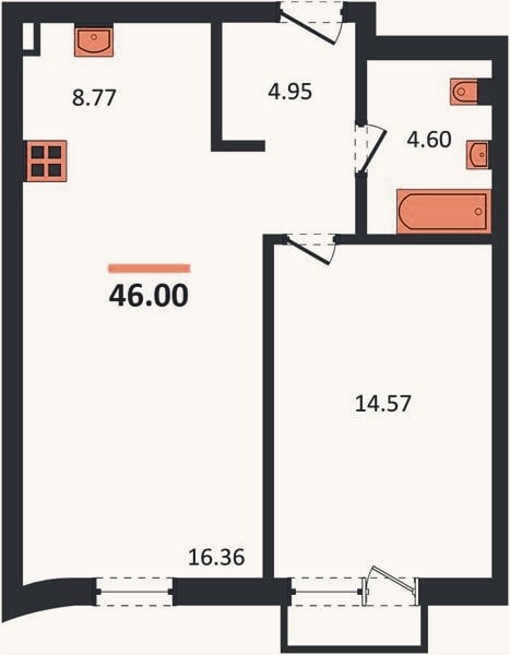 Планировка: 1-к, 46 м²