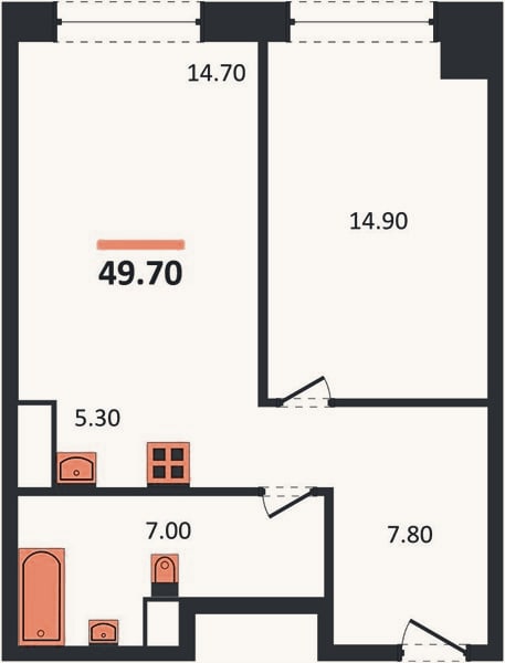Планировка: 1-к, 49,7 м²