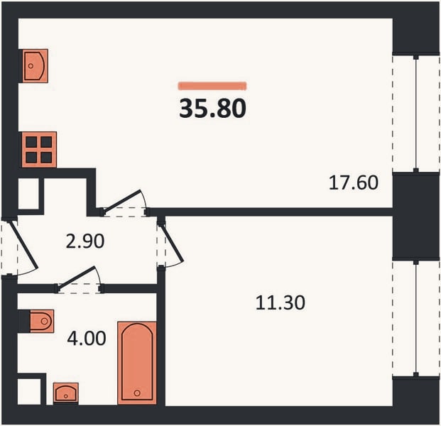 Планировка: 1-к, 35,8 м²
