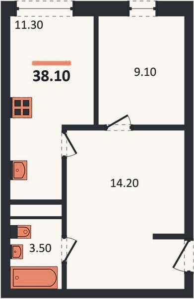 Планировка: 1-к, 38,1 м²