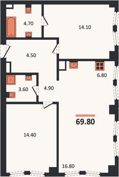 Планировка: 2-к, 69,8 м²