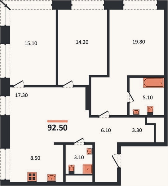 Планировка: 3-к, 92,5 м²