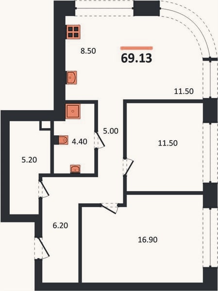Планировка: 2-к, 69,1 м²