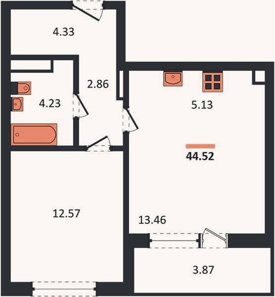 Планировка: 1-к, 44,5 м²