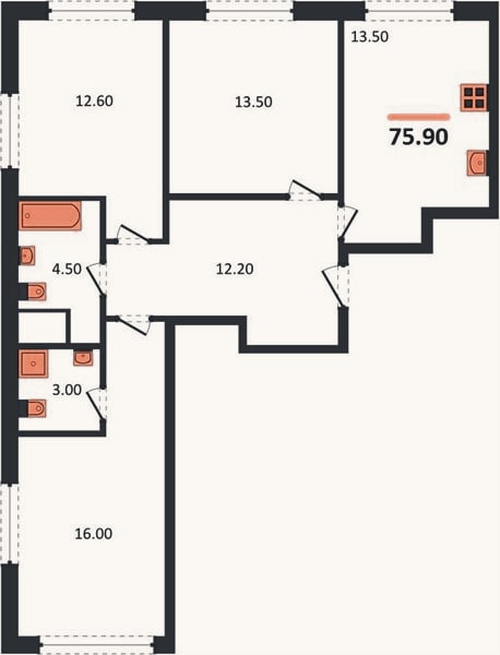 Планировка: 3-к, 75,5 м²