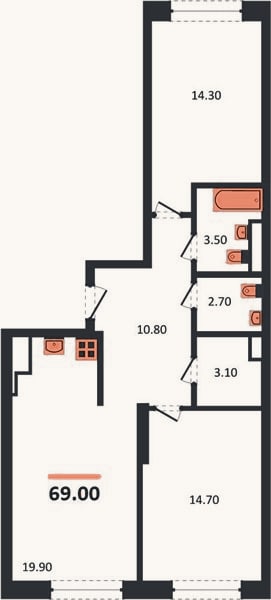 Планировка: 2-к, 69 м²