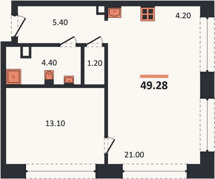 Планировка: 1-к, 49,3 м²