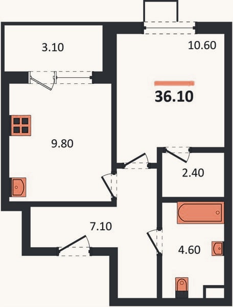 Планировка: 1-к, 36,1 м²