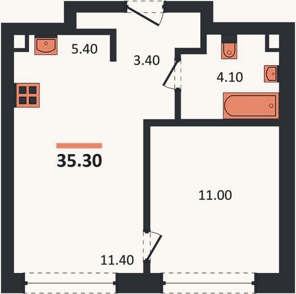 Планировка: 1-к, 35,3 м²