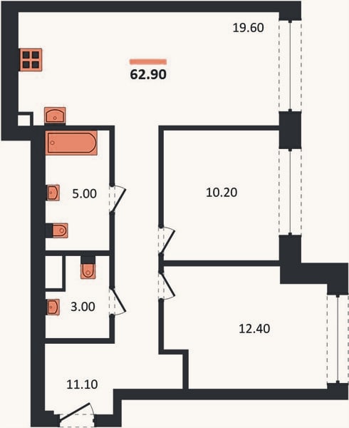 Планировка: 2-к, 62,9 м²