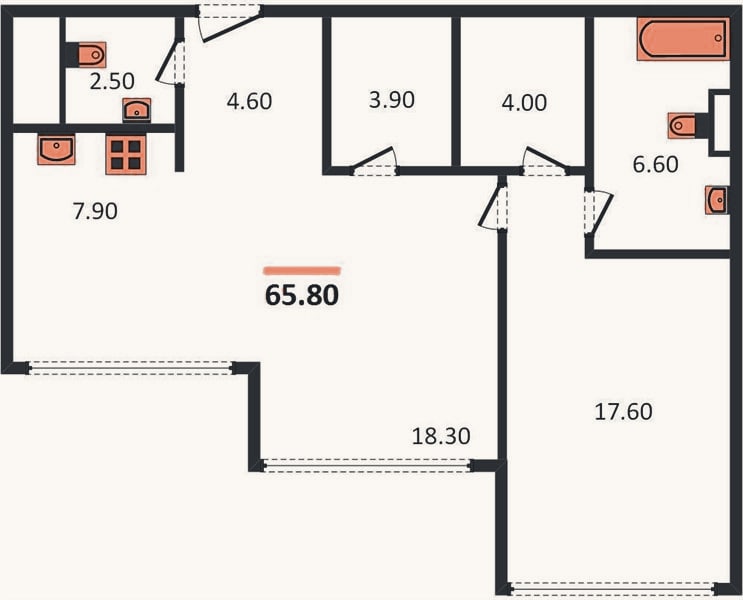 Планировка: 1-к, 65,8 м²