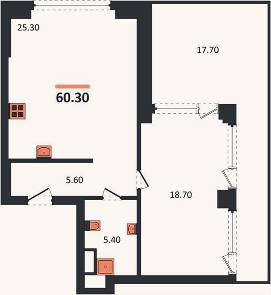 Планировка: 1-к, 60,3 м²