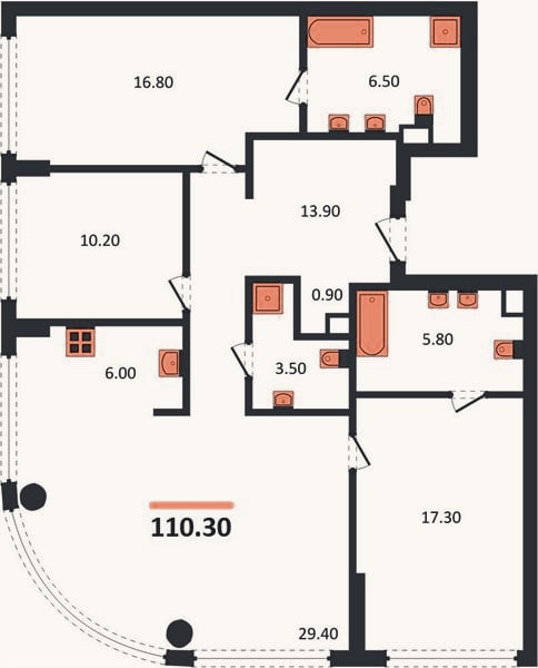Планировка: 3-к, 110,3 м²