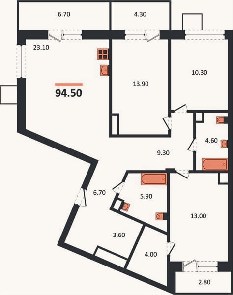 Планировка: 3-к, 94,5 м²