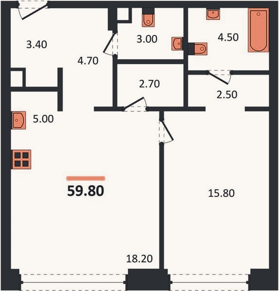 Планировка: 1-к, 59,8 м²