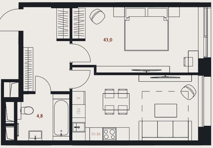 Планировка: Студия, 47,8 м²
