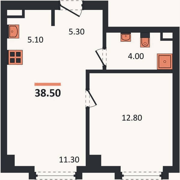 Планировка: 1-к, 38,5 м²