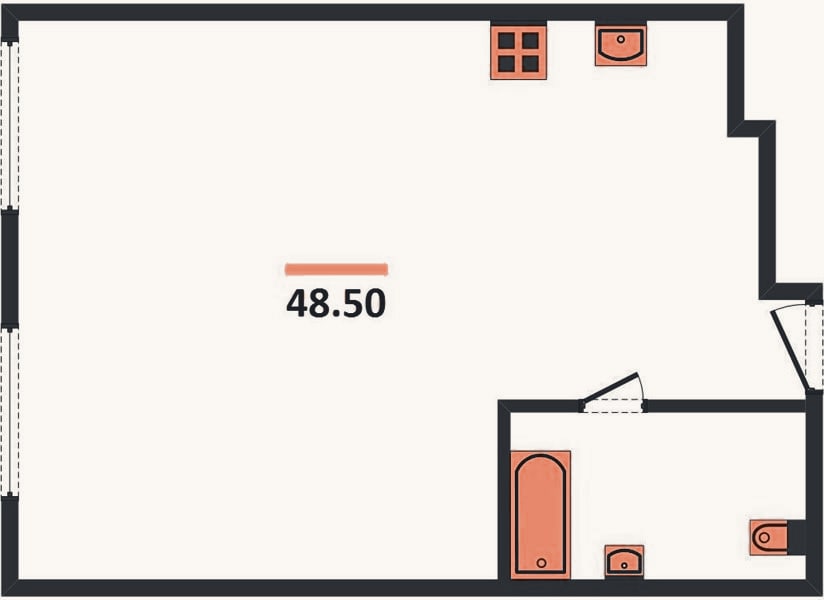 Планировка: 1-к, 48,5 м²