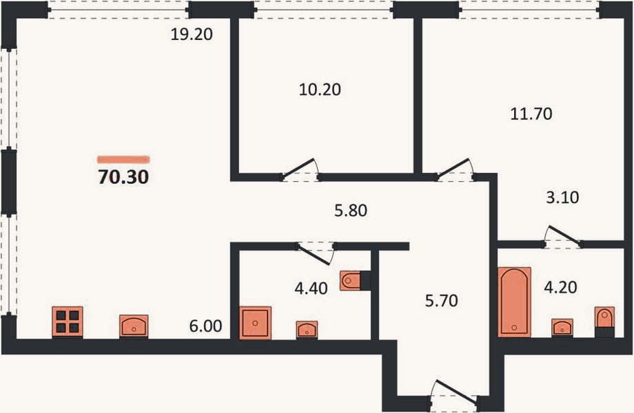 Планировка: 2-к, 70,3 м²