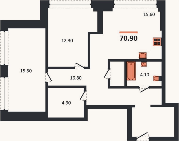 Планировка: 2-к, 70,9 м²