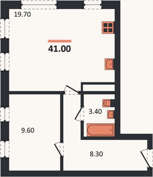 Планировка: 1-к, 41 м²